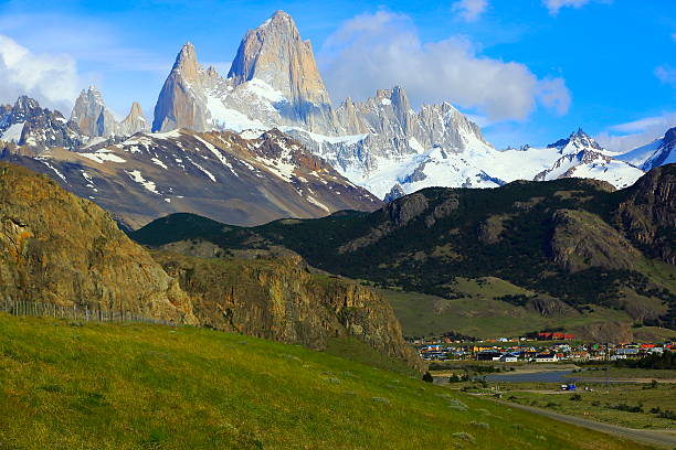 Chalten aerial view under Fitzroy, Patagonia Argentina, Los Glaciares